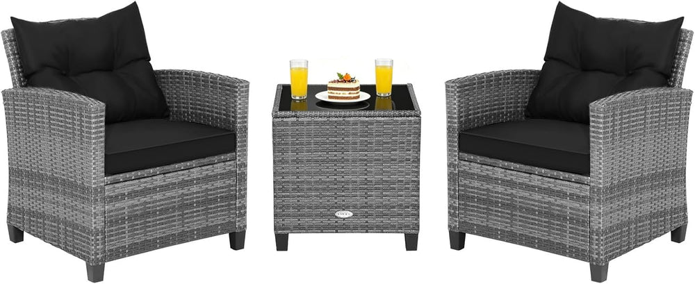 COSTWAY 3PCS Wicker Patio Furniture Set with Cushions for Balcony and Porch
