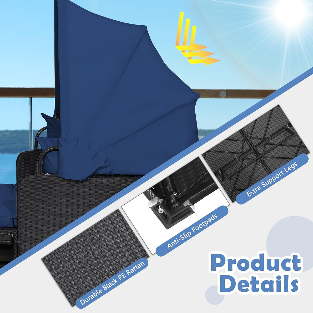 Tangkula Patio Rattan Daybed with Retractable Canopy, Outdoor Wicker Sunbed L...