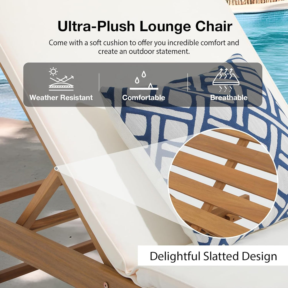 Patiorama Patio Acacia Wood Chaise Lounge Chair Set of 2, Pool Chair, Cream