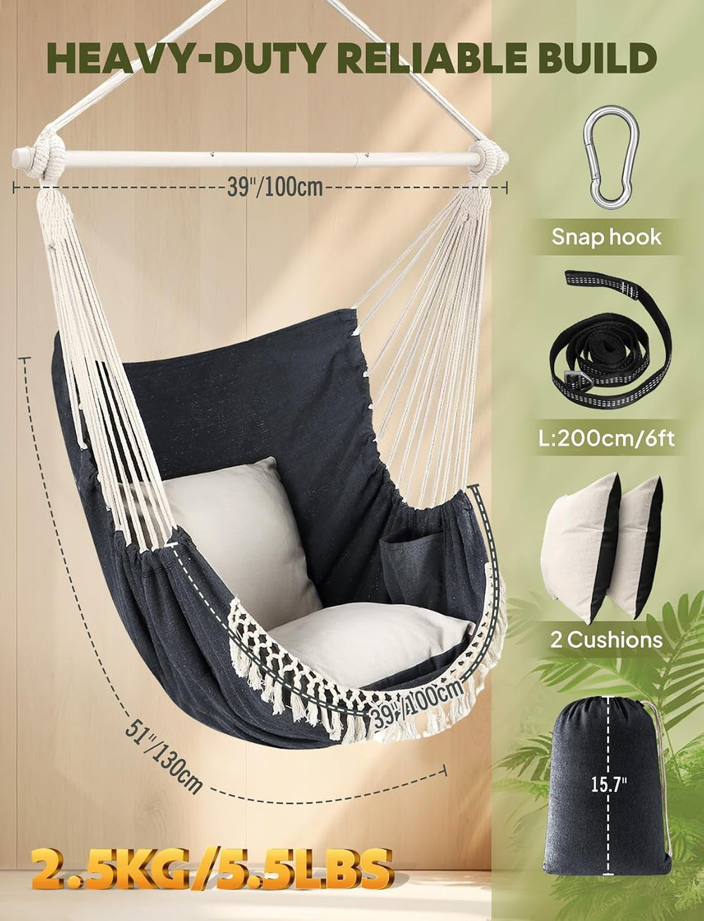 Chihee Hammock Chair Max 500 Lbs 2 Cushions Spreader Bar Strap Carabiner