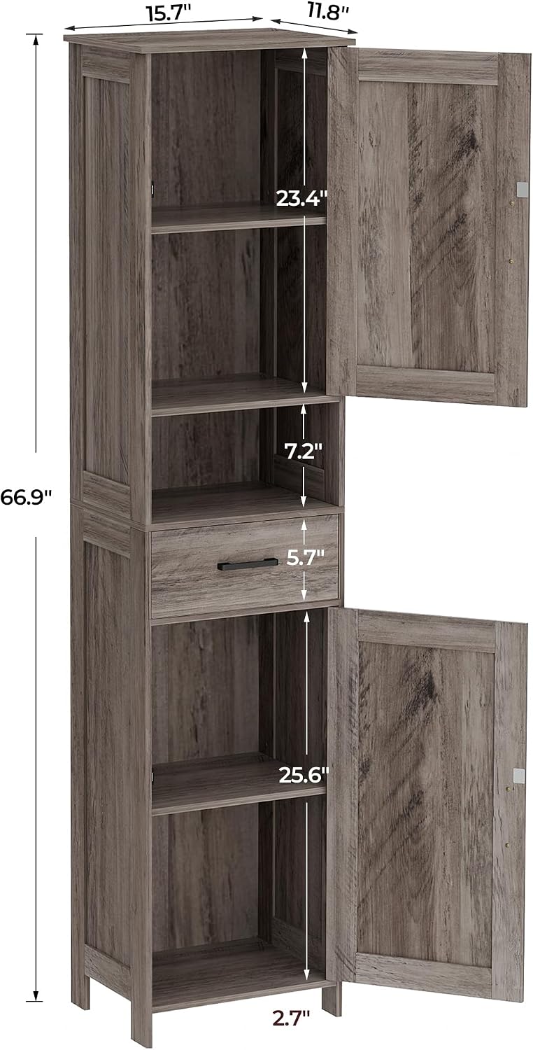 67" H Tall Bathroom Storage Cabinet with Barn Doors and Drawer