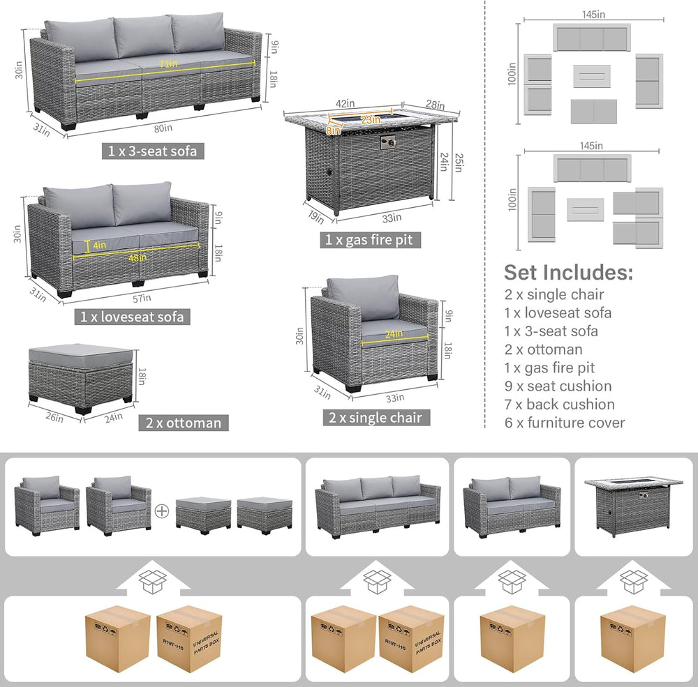 Rattaner 7-Piece Outdoor Furniture Sets Patio Furniture Set with 45-inch Fire...