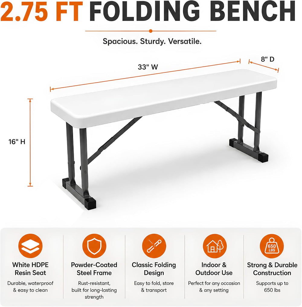 2.75ft Plastic Folding Bench – Lightweight and Portable White Resin with Dura...