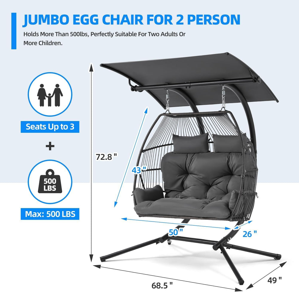 Oversized Hanging Swing Chair with Adjustable Canopy, Double Egg Chair, Hammo...
