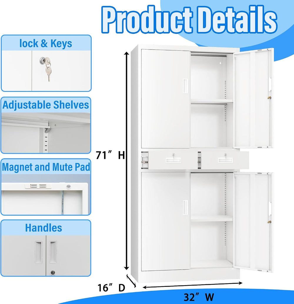 BESFUR Metal Storage Cabinet with 2 Drawers and Adjustable Shelves, 71" ...