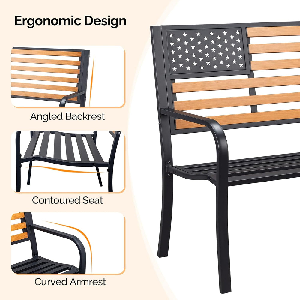 VINGLI Outdoor Metal Bench, 50in Weatherproof Garden Bench w/American Flag St...