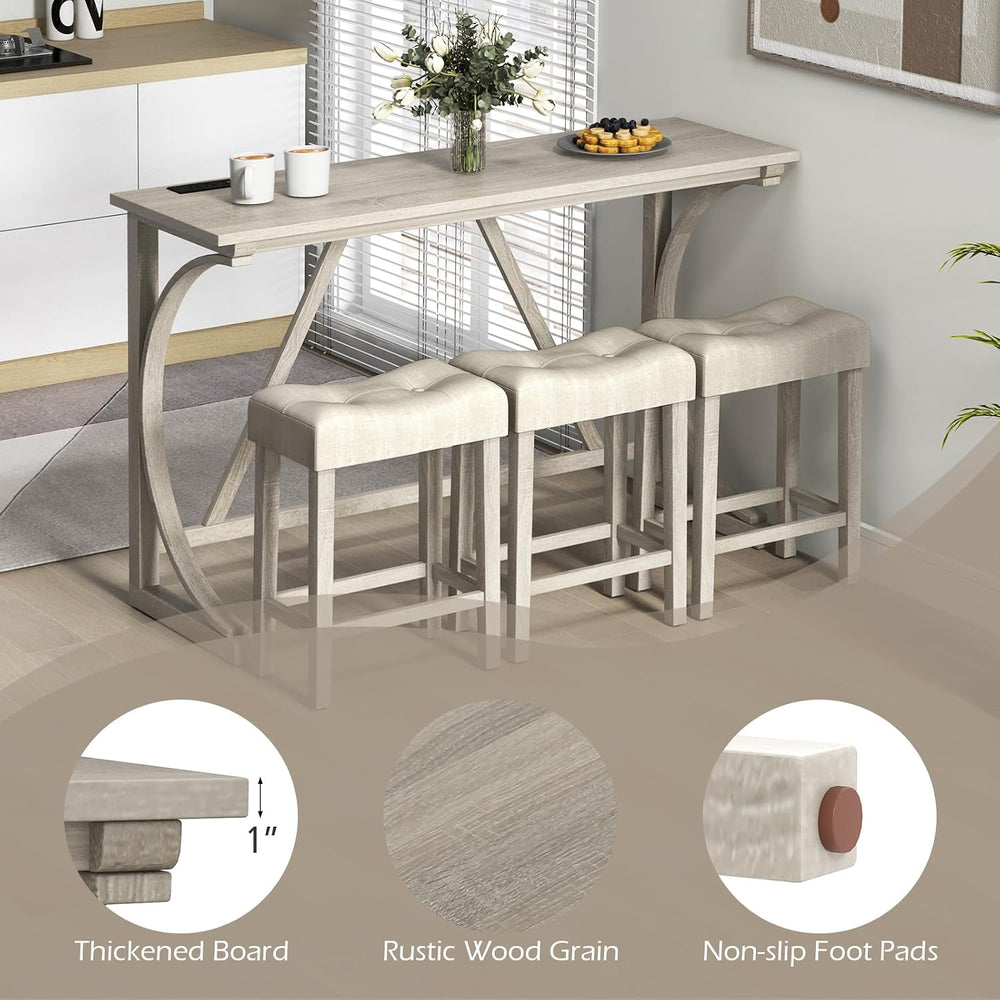 COSTWAY 4-Piece Farmhouse Bar Table Set with Power Outlet