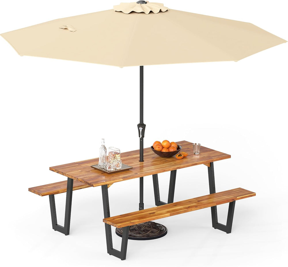 S AFSTAR 70" Acacia Wood Outdoor Picnic Table Set with 10Ft Umbrella &am...