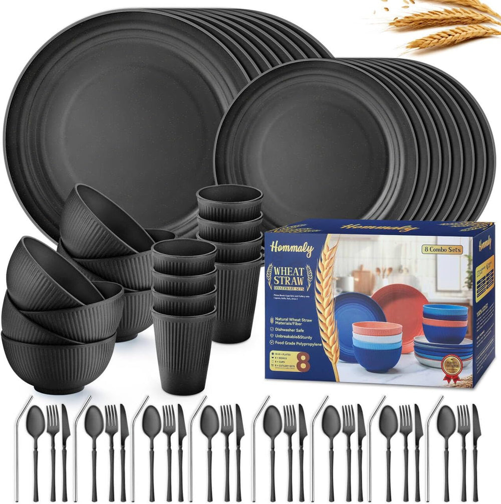 Wheat Straw Dinnerware Sets,64-Piece Black Plates and Bowls Sets for 8-Unbrea...