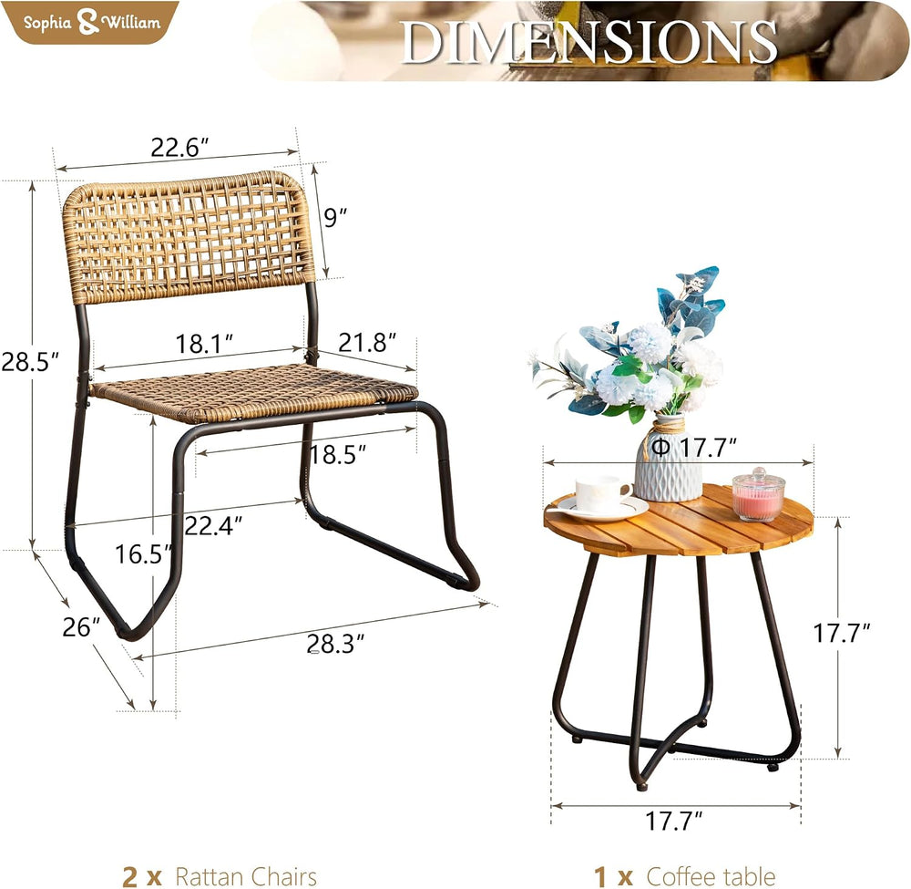 Sophia & William 3-Piece Bistro Set - Stackable Rattan Chairs & Table