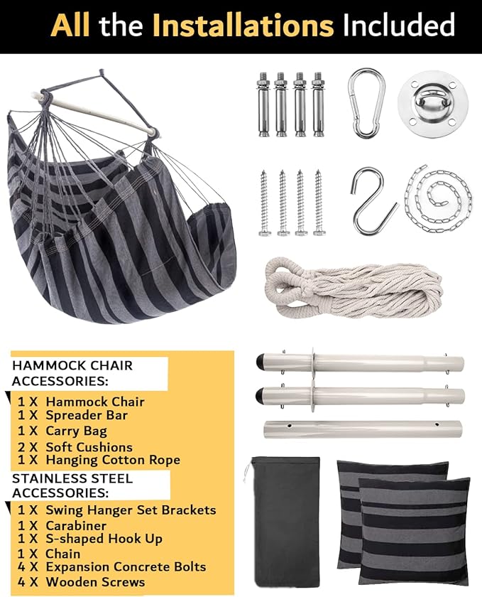XXL Hammock Chair Hanging Rope Swing with 2 Cushions - Max 500lbs-Perfect for...