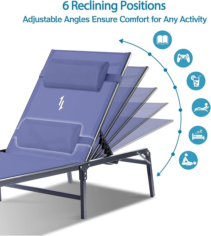 2 Pack Foldable Chaise Lounge Chair with Cup Holder, Assemble-Free Outdoor Lo...