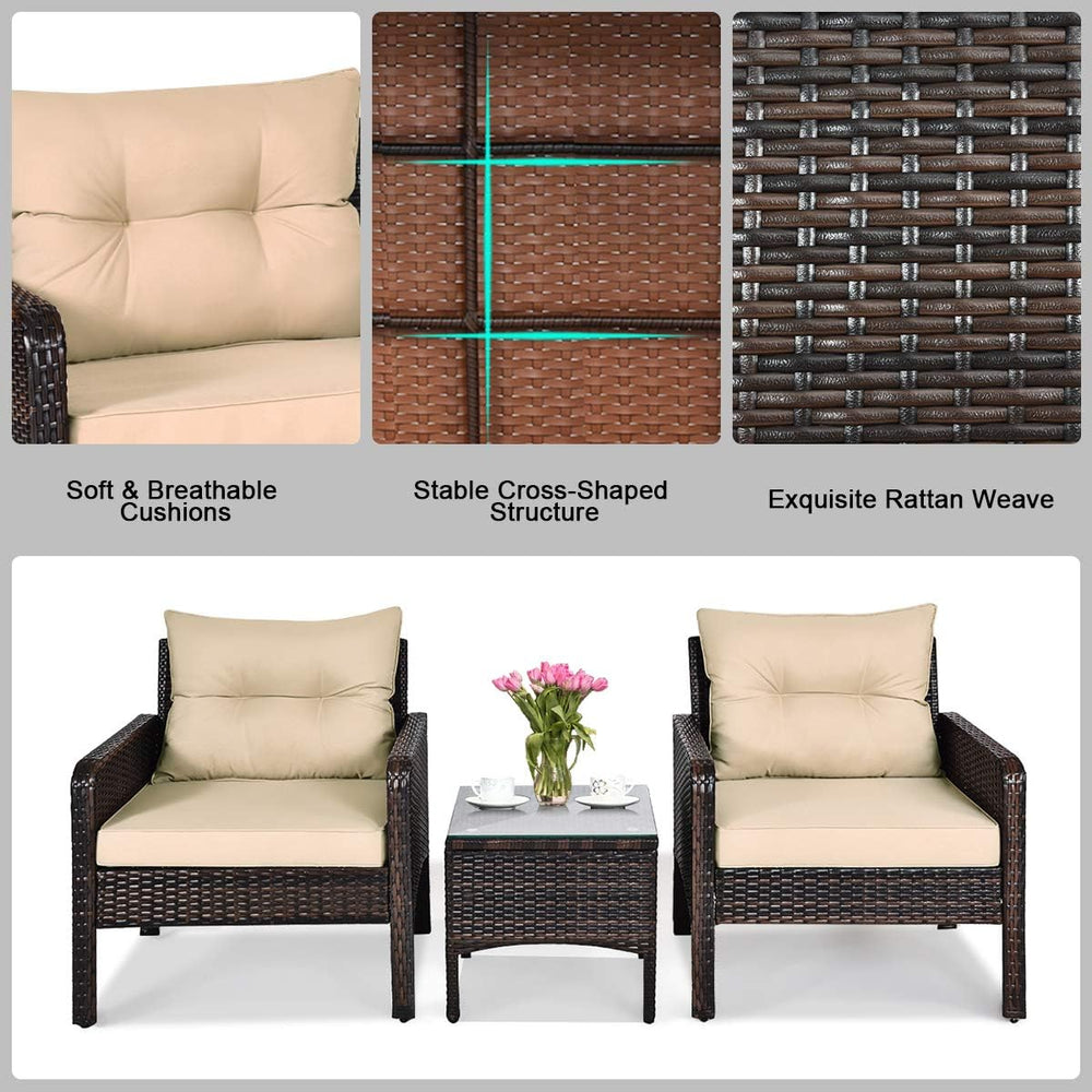 HAPPYGRILL 3 Pieces Patio Furniture Set, Outdoor Rattan Wicker Conversation S...