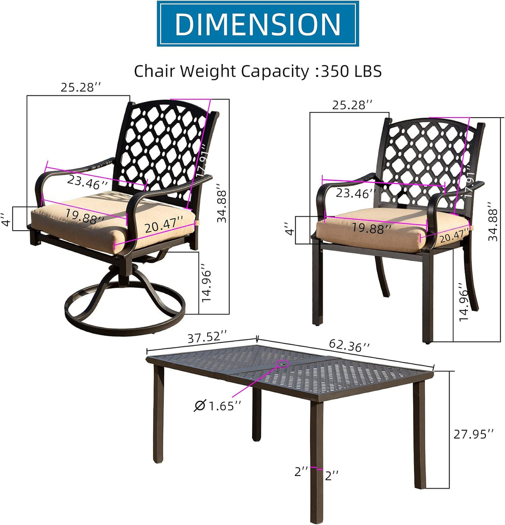 Domi Outdoor 7 pcs Patio Dining Set, Metal Dining Table, Swivel and Dining Ch...