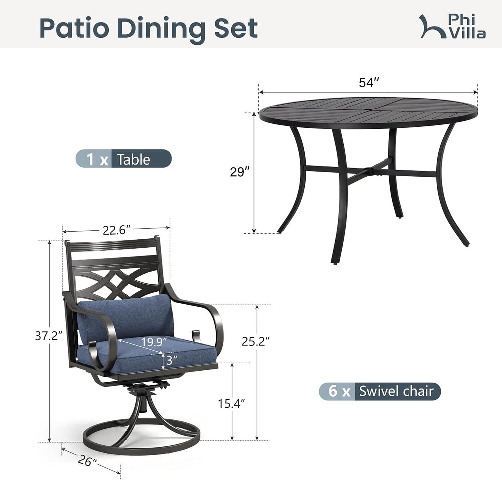 PHI VILLA Patio Dining Set, Swivel Chairs, Round Metal Table