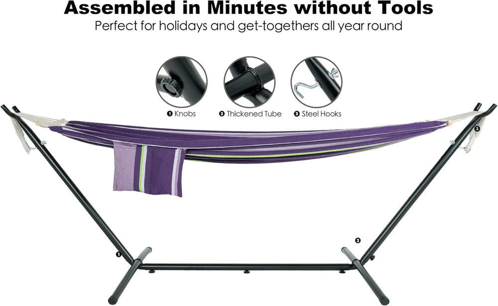 GAFETE Double Hammocks with Stand for Outside, Max 600lbs, (Purple)