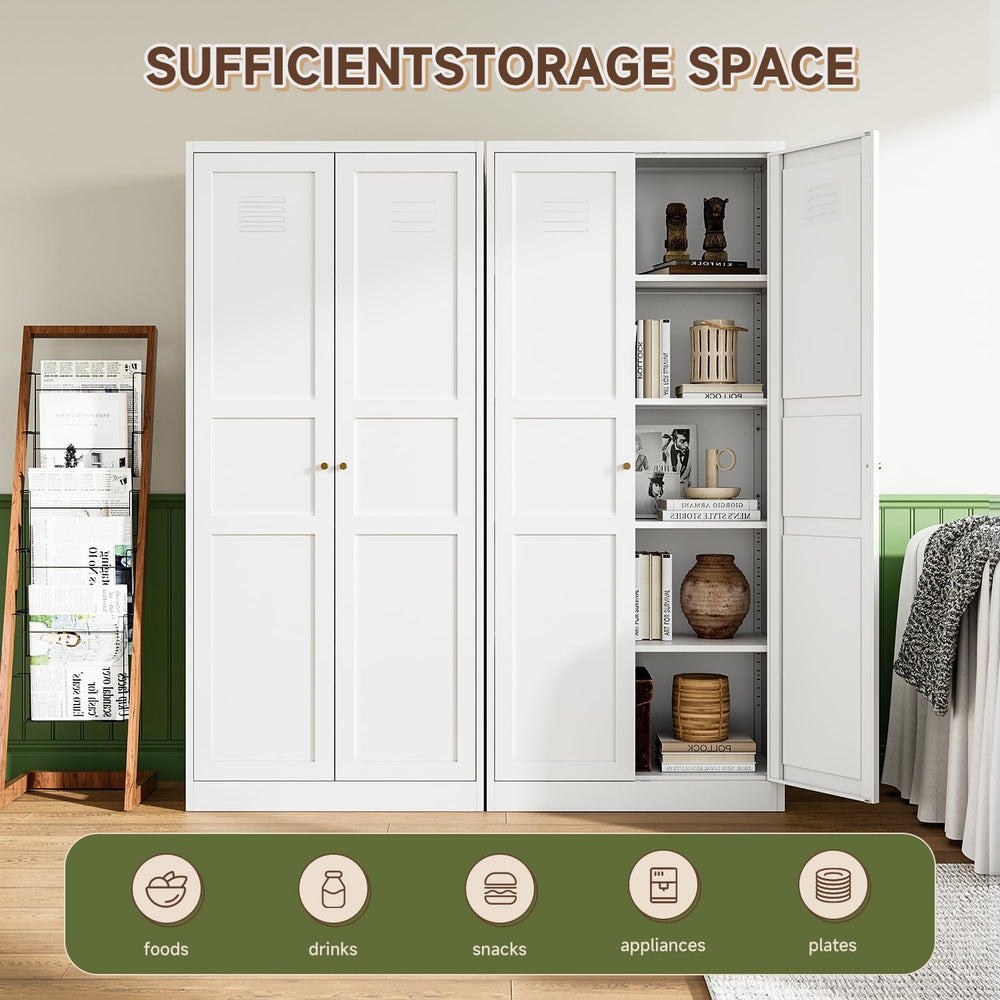 White Storage Cabinet with Adjustable Shelves-Metal Home Kitchen Pantry Cabin...