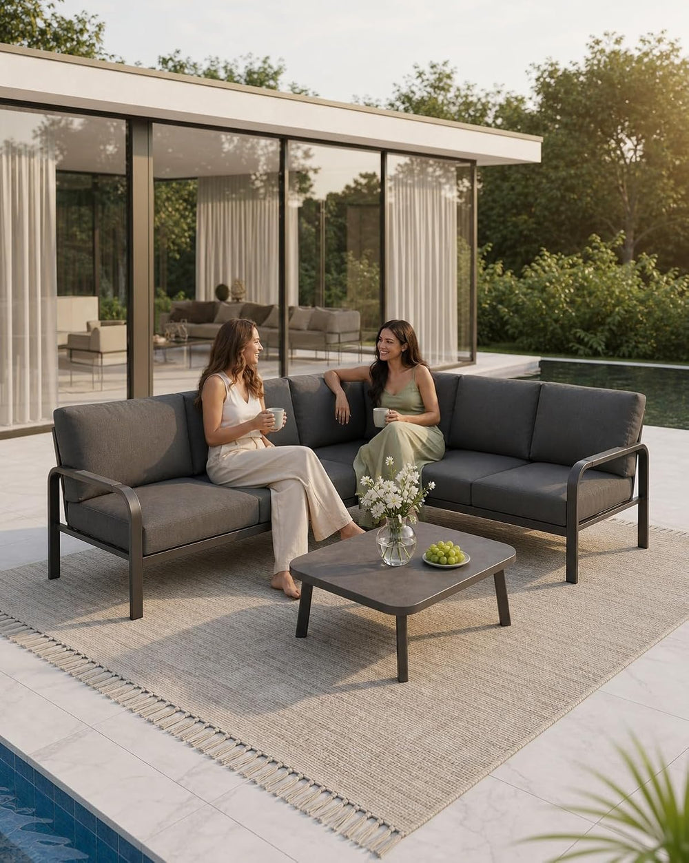 L-Shaped Aluminum Patio Conversation Set Outdoor Sectional Sofa Set, Gray