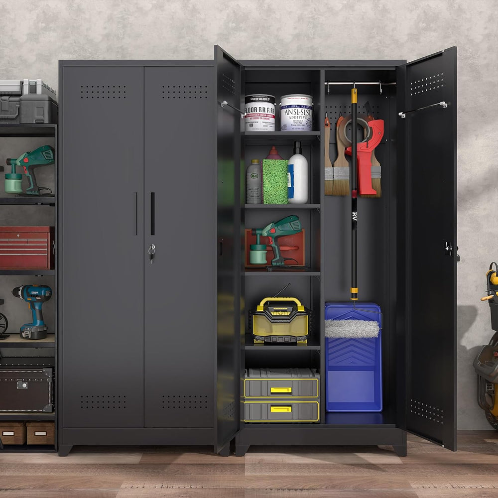 72" Tall Broom Closet Storage Cabinet, Metal Garage Storage Cabinet, Black
