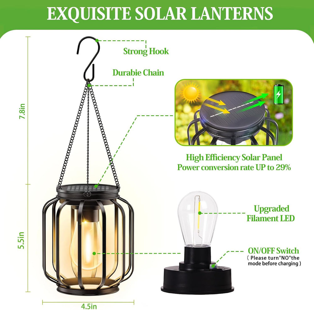 Solar Hanging Lanterns Outdoor: 2 Pack Metal Solar Hanging Lights with Hook, ...