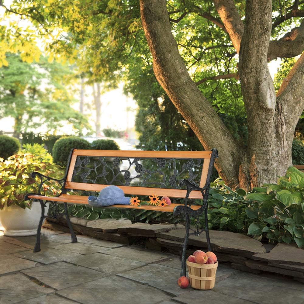 VINGLI Outdoor Bench, Weather Resistant Cast Iron Frame＆Teak Wood Seat w/PVC ...