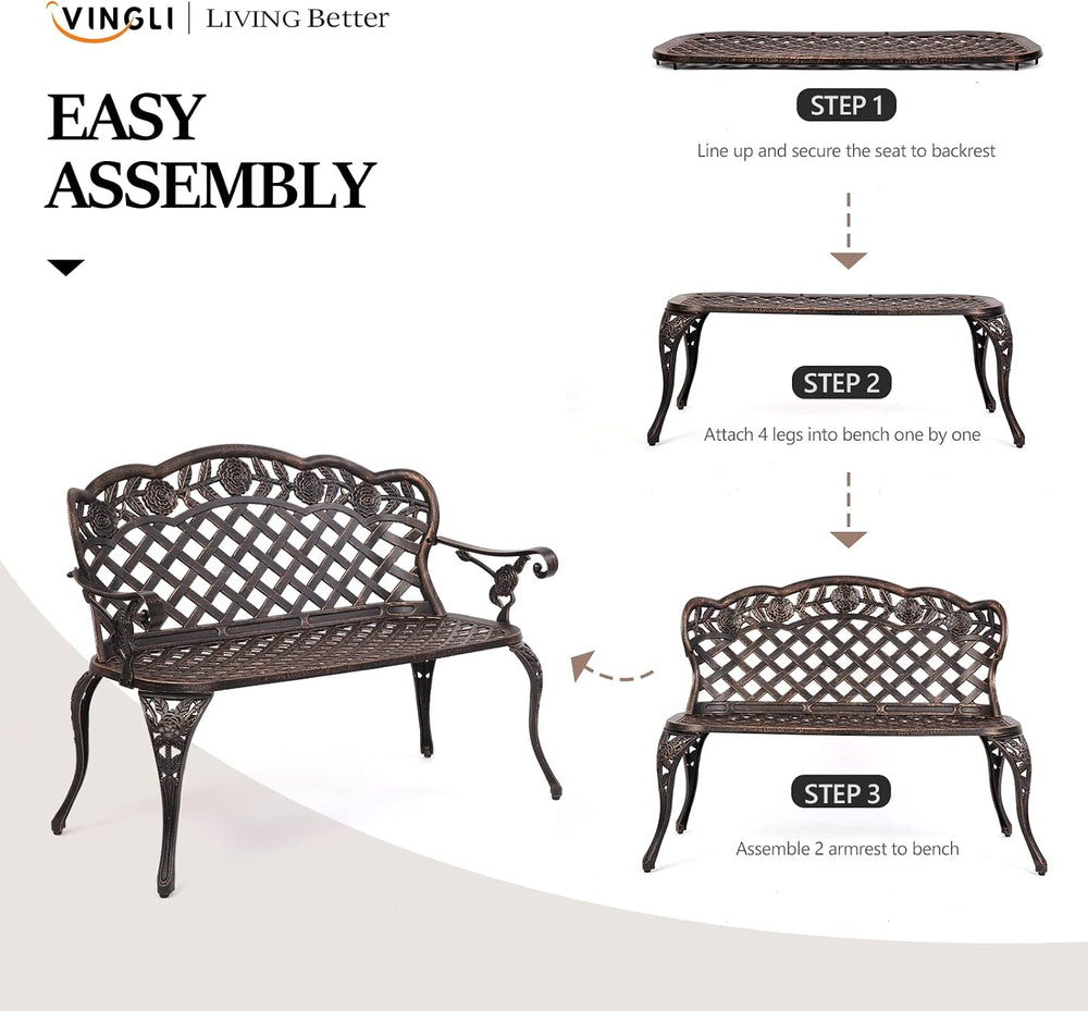 VINGLI 42.5" Patio Garden Bench Outdoor Metal Rose Loveseat, Cast Iron C...