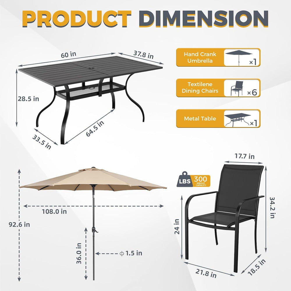 Crownland 7 Piece Patio Dining Set, Textilene Dining Sets, 6 Textilene Metal ...