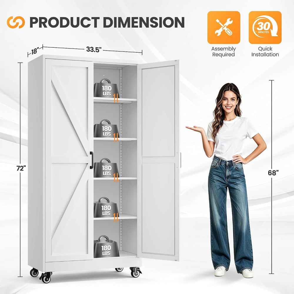 72" Tall Wheeled Garage Storage Cabinet, Rolling White Tool Cabinets.