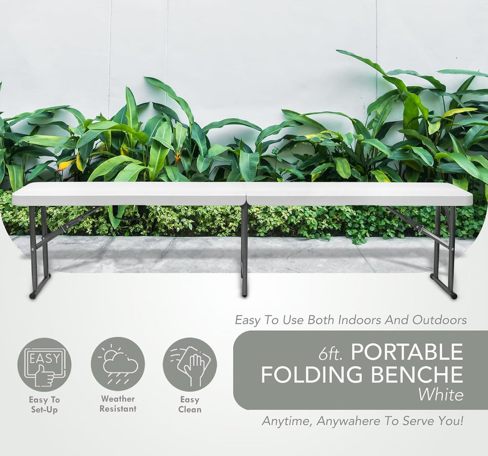6 Foot Portable Plastic Folding Bench 6FT 72" Half Foldable Heavy Duty S...