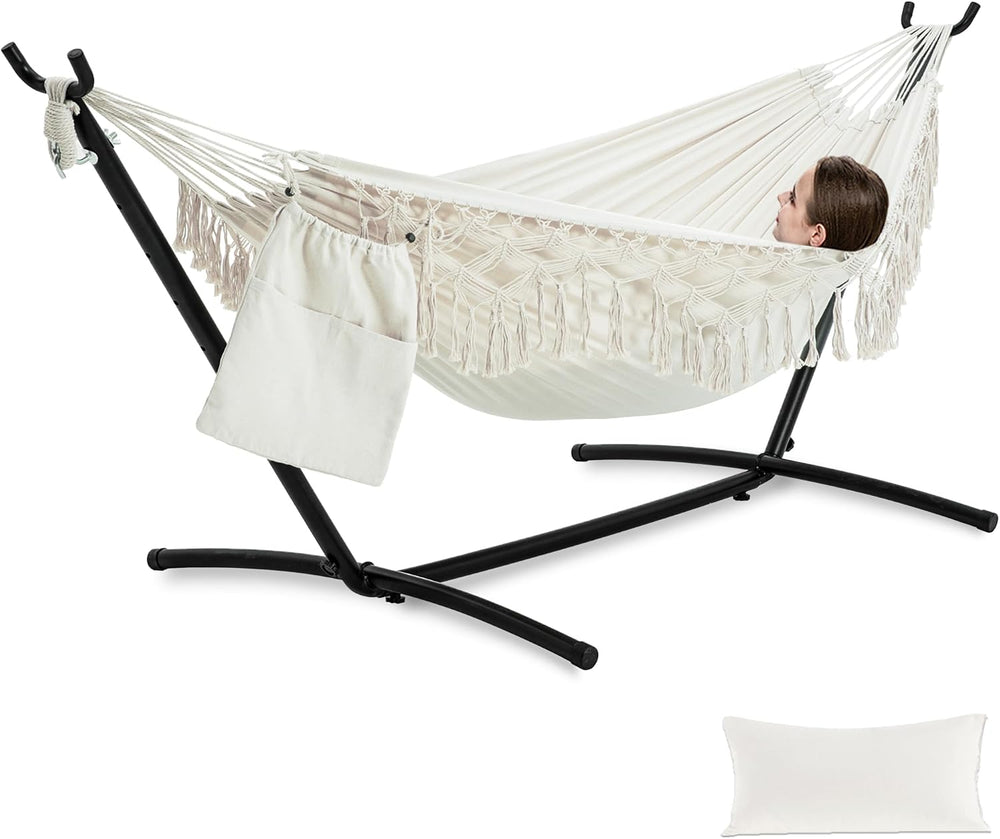 PNAEUT Handmade Tassel Hammock with Stand for Outside, 450 lbs Capacity