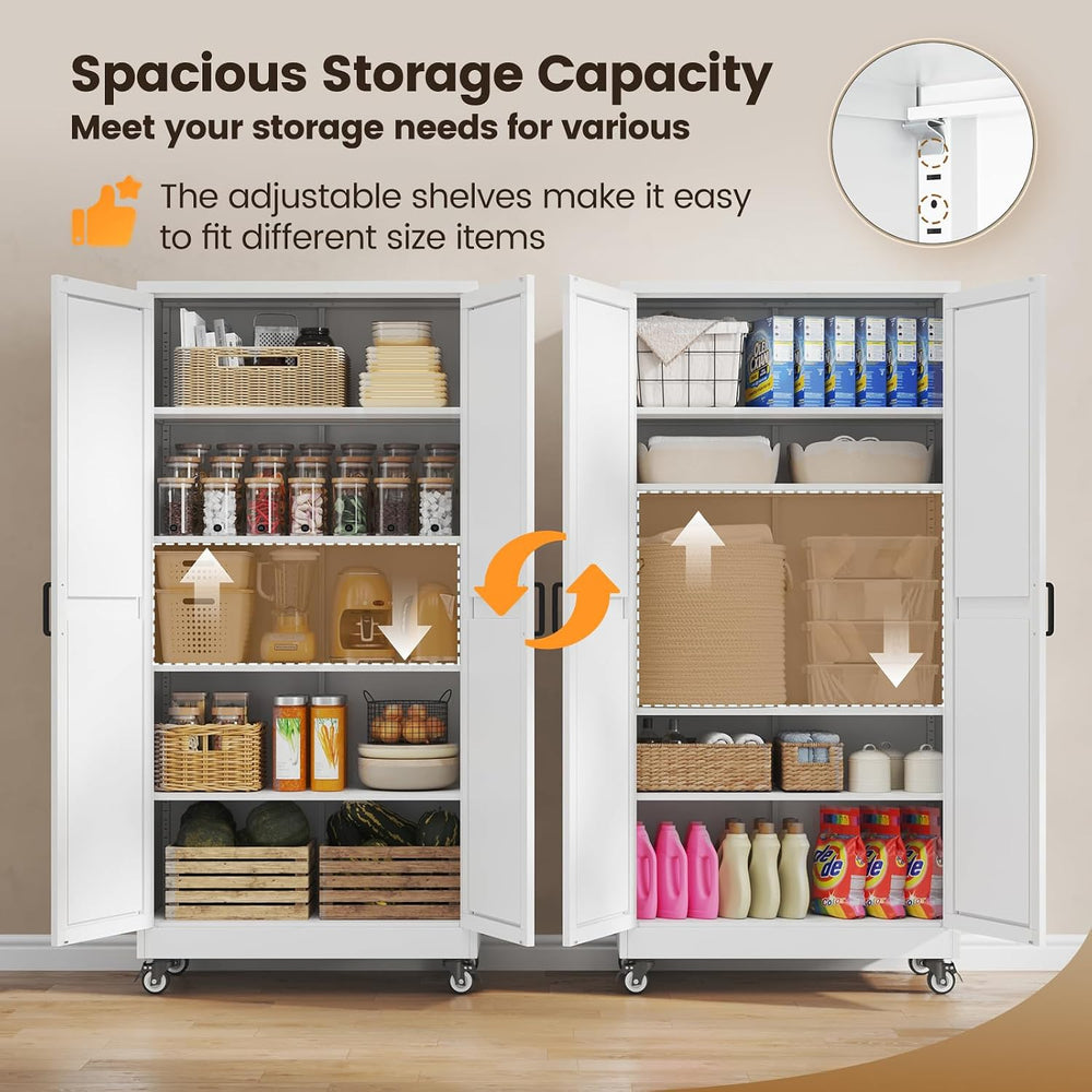 Yizosh 75" White Metal Pantry Cabinets,Garage Storage Cabinet with Wheels