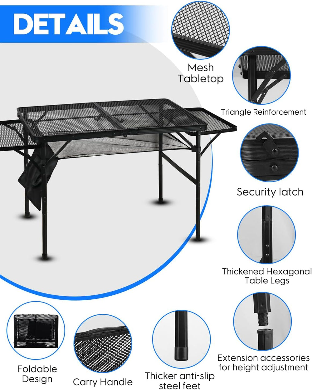 MSDADA Folding Grill Table, Height Adjustable Aluminum Outdoor Table