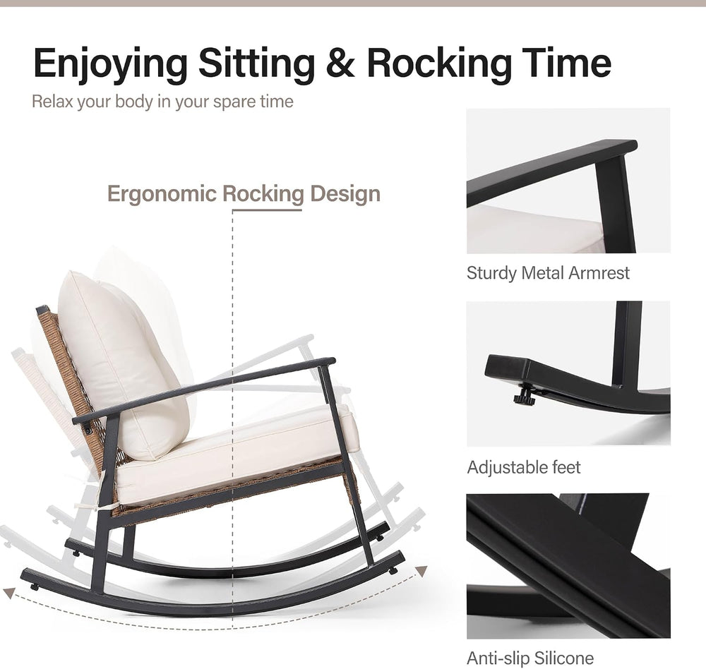 LAUSAINT HOME Outdoor Wicker Rocking Chair, Oversized Patio Chair Comfy Rocke...