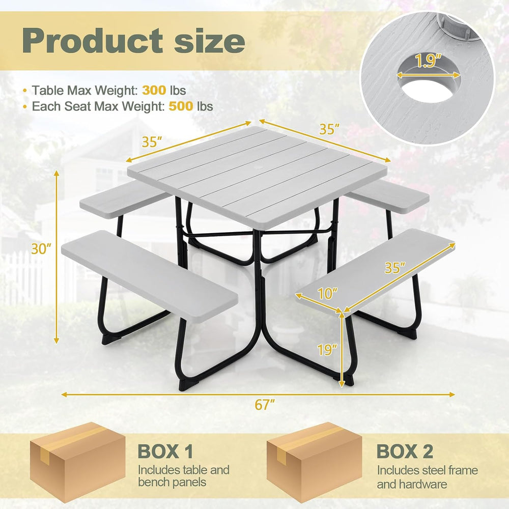 Tangkula 8 Person Square Picnic Table with 4 Built-in Benches, Grey
