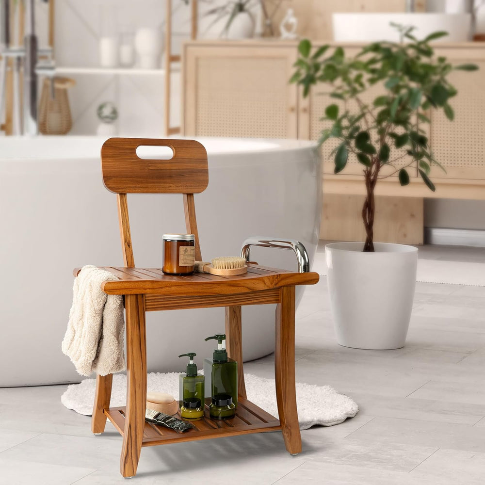 Teak Shower Bench Seat with Handles and Backrest, 19" Solid Wood Shower ...