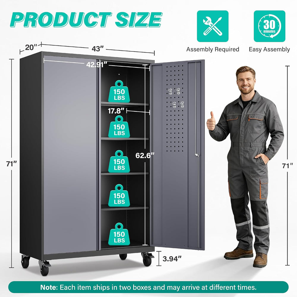 Wide & Deep Metal Storage Cabinet with Wheels,Tall Rolling Garage Storage...