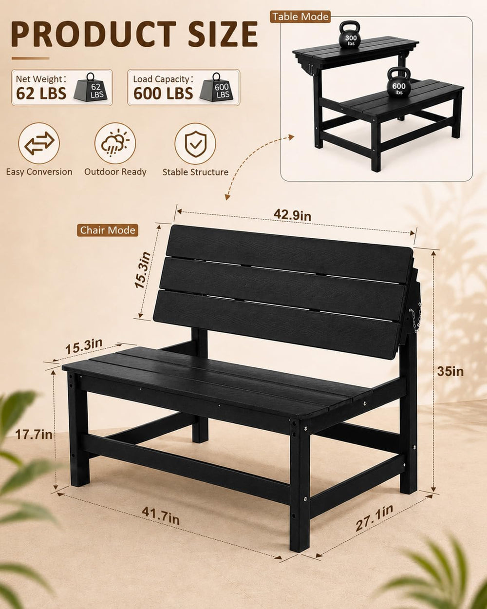 2 in-1 Outdoor Bench, HDPE 2 Person Outside Bench Weatherproof, Black