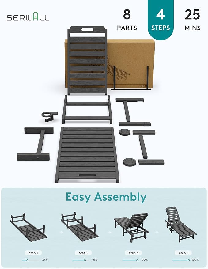SERWALL Outdoor Chaise Lounge Chair, HDPE Patio Lounge Chair with Cup Holder,...