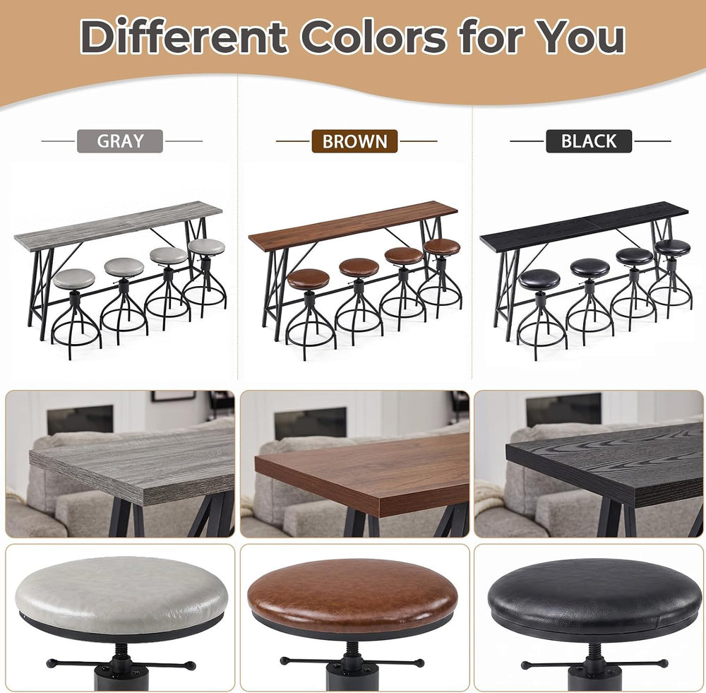 Karl home 83.8" Bar Table and Chairs Set, 4 Adjustable PU Stools, Gray