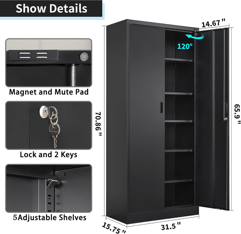 Metal Storage Cabinet, 71”H Metal Garage Cabinet with 5 Adjustable Shelves, L...