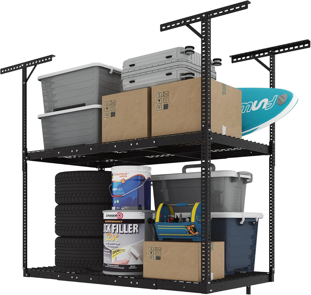 FLEXIMOUNTS 3x6 2-Tier Overhead Ceiling Garage Storage Rack, Black