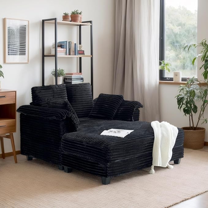 VINGLI 56" Oversized Chaise Lounge Chair, Black Comfy Corduroy Chaise So...