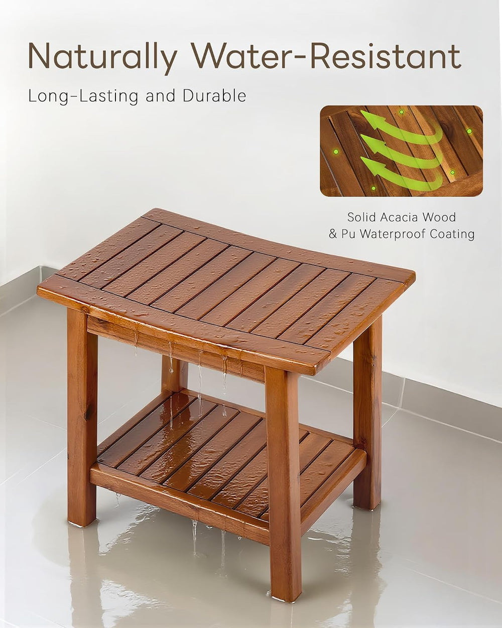 Upolana Outdoor Shower Bench, 20" Solid Acacia Wood Shower Stool Waterpr...