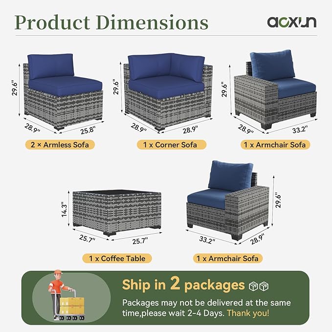 Aoxun 6 Piece Patio Furniture Set with Wide Armrests Wicker Rattan Outdoor Se...