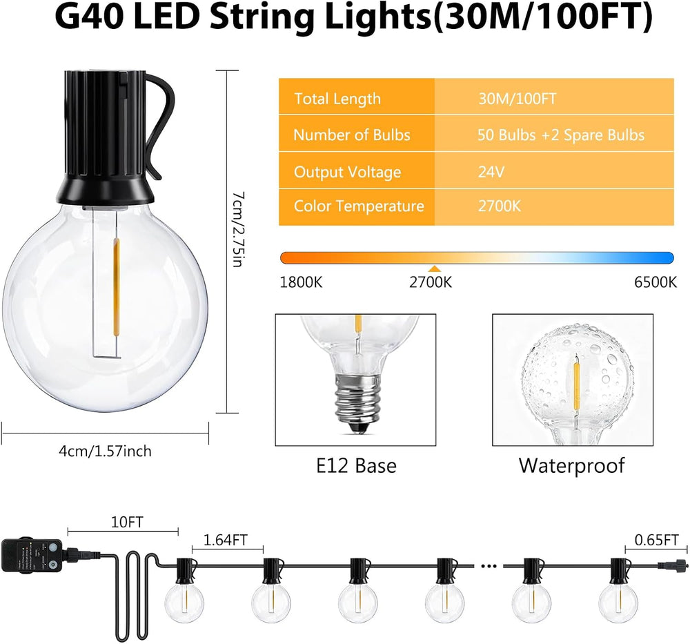 G40 LED Outdoor String Lights, 100FT LED Patio Lights with Light Sensor Timer...