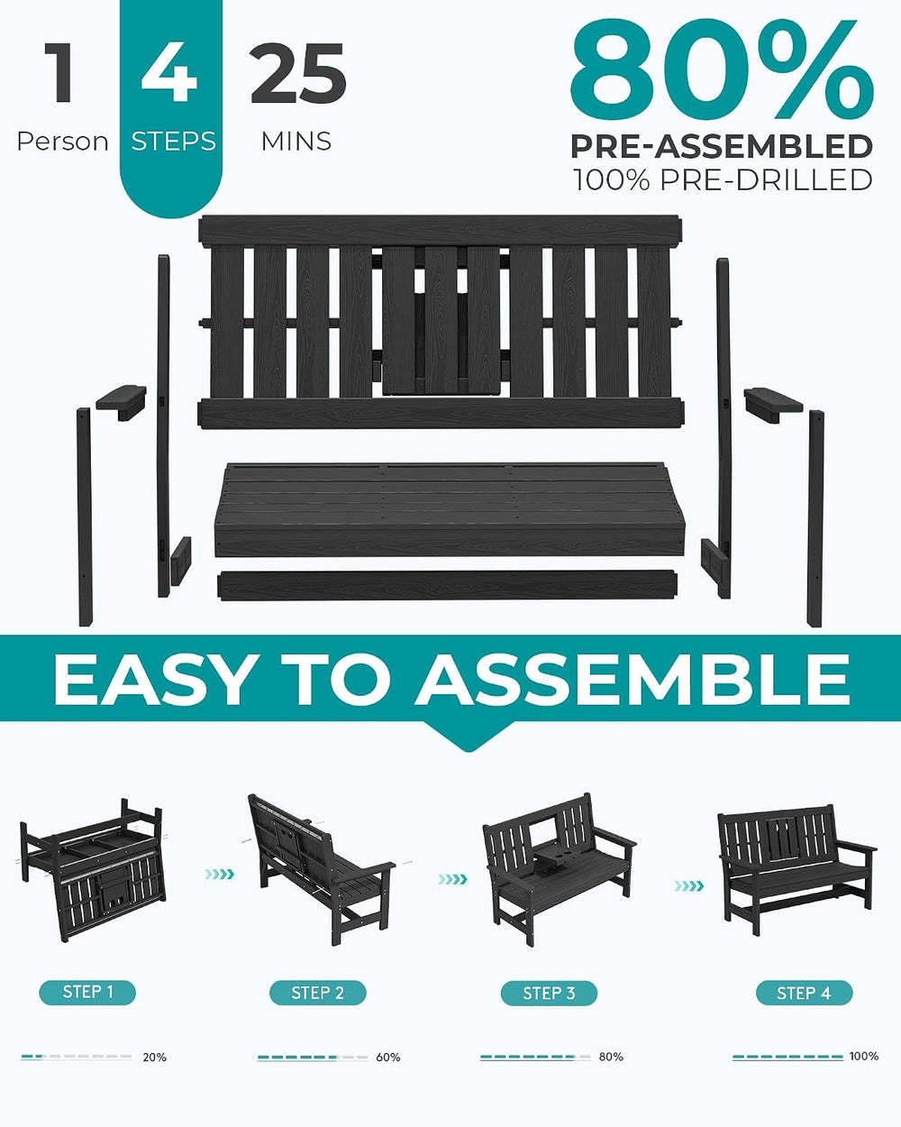 SERWALL HDPE Outdoor Bench with Cup Holder Oversized 58" Porch Bench, Black