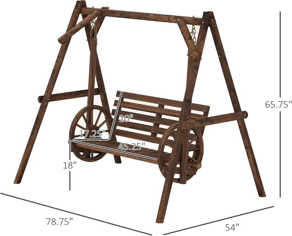 Outsunny 2-Seat Porch Swing A-Frame Stand Wooden Log Patio Carbonized Brown