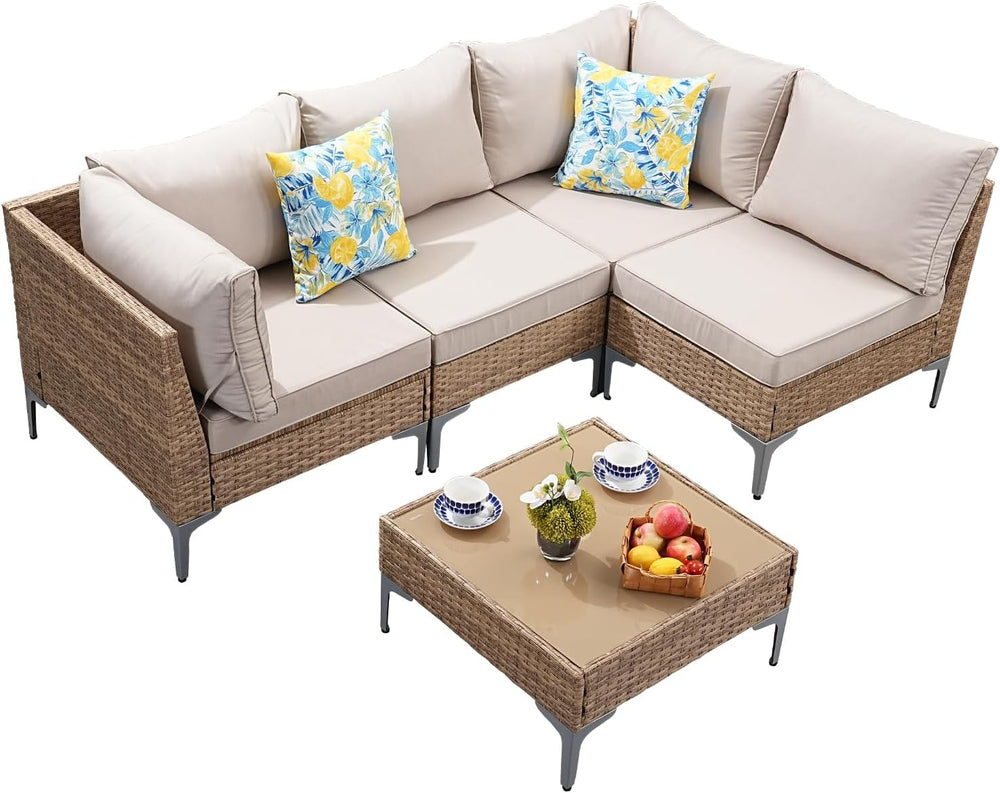 5-Piece Patio Furniture Set, Outdoor Wicker Sectional Sofa with Coffee Table,...