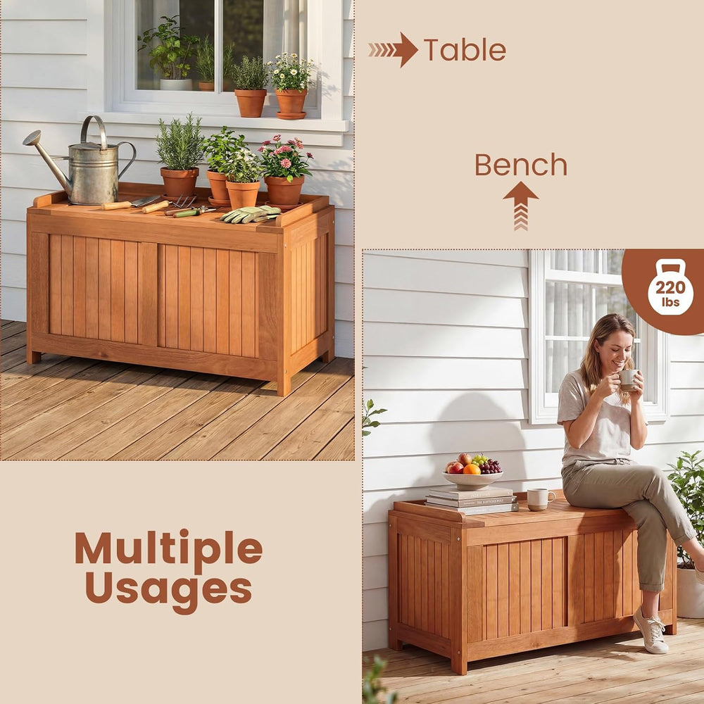HAPPYGRILL Outdoor Wood Deck Box with Flip Top, Patio Storage Bench for Garde...