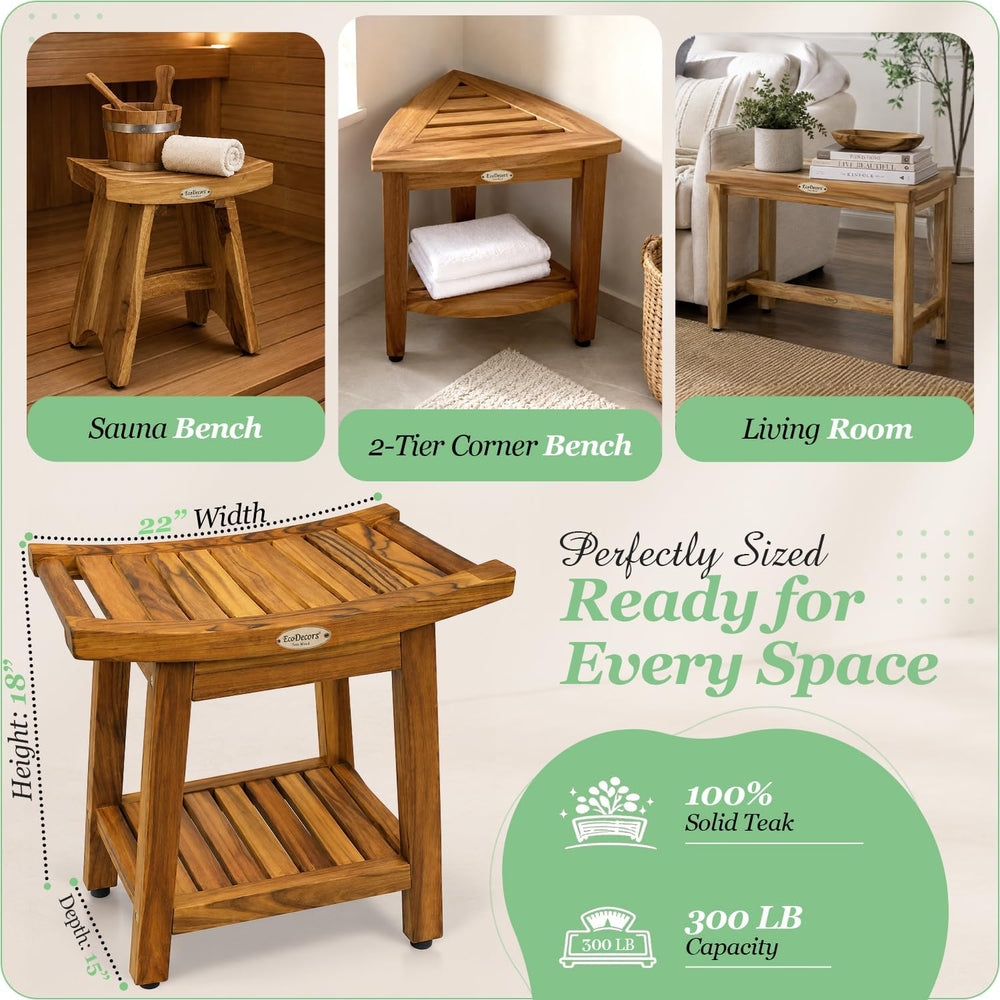 EcoDecors 18" Teak Shower Bench with Shelf & Handle Solid Teak Showe...